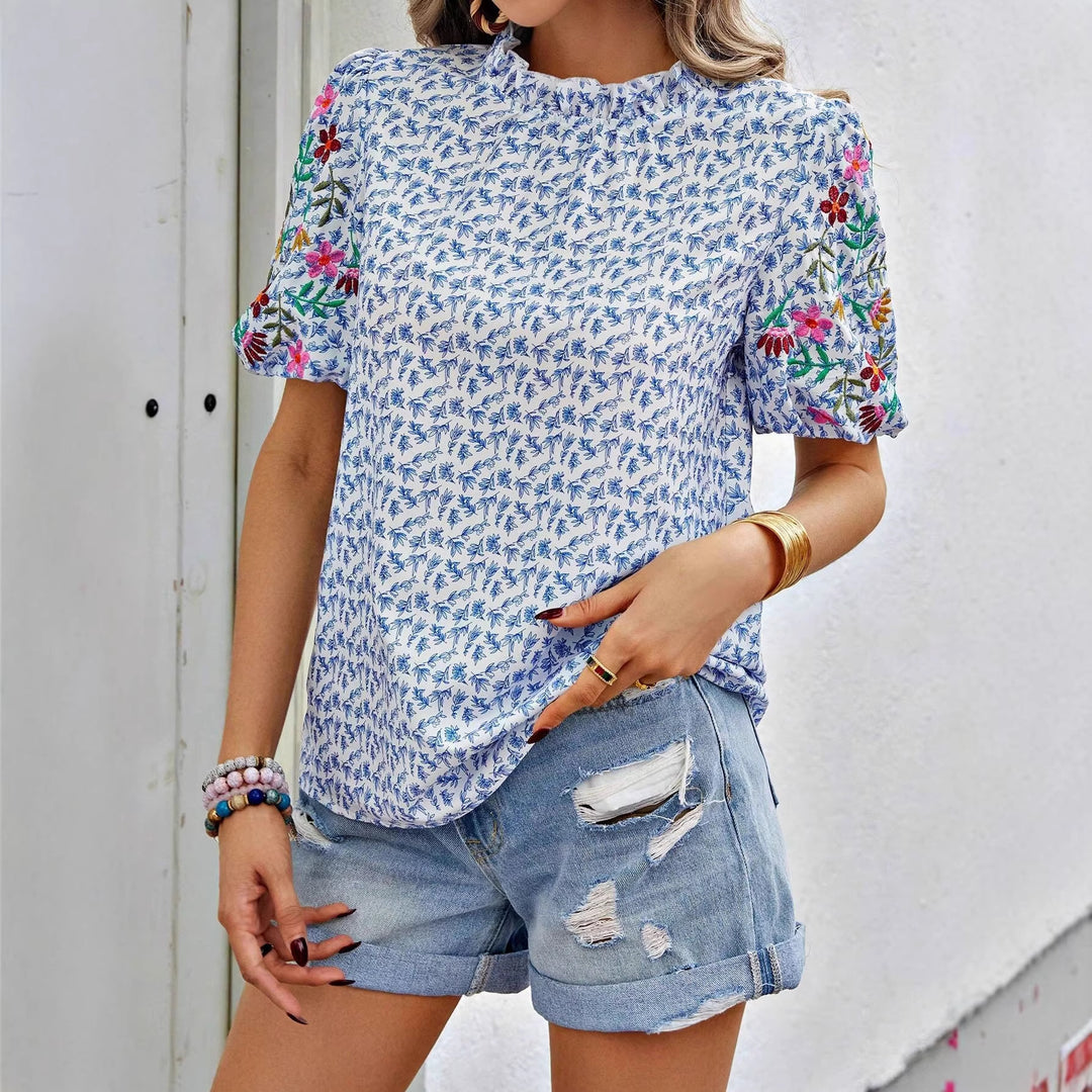 Damen Geblümte Bluse mit bestickten Puffärmeln und gewelltem Ausschnitt Shop Nory