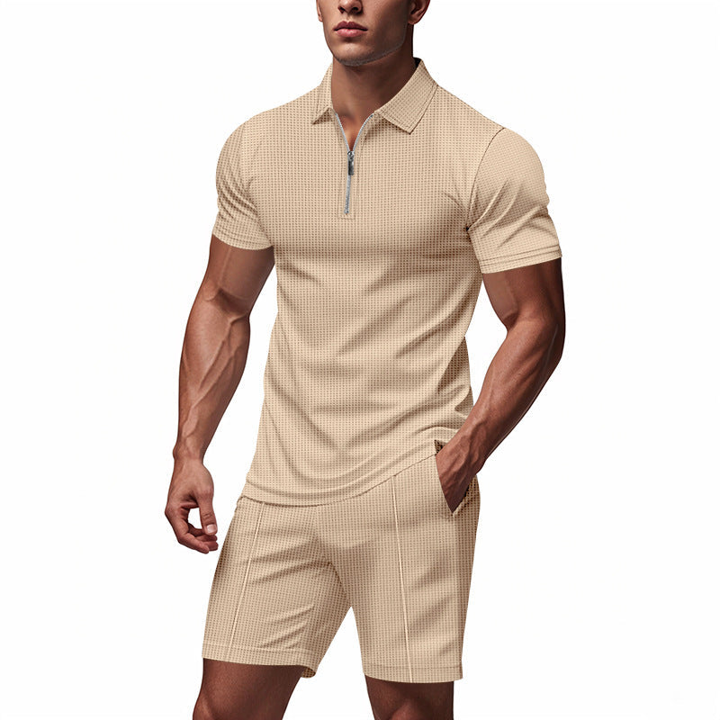 Herren Sportliches Kurzarm-Set mit teils strukturiertem Design und durchgehendem Reißverschluss