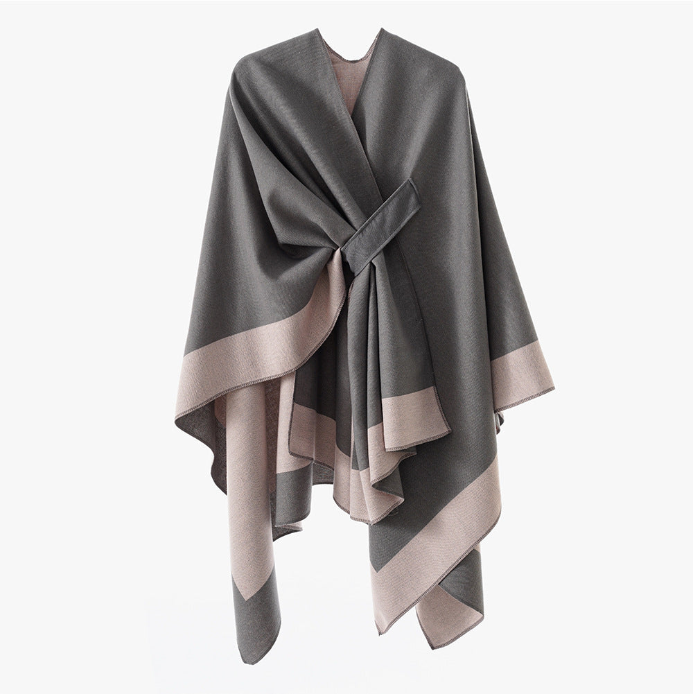 Damen Weicher Strickponcho mit Gürtel und Kontrastkante Shop Nory
