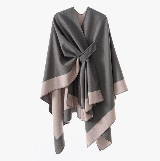 Damen weit geschnittenes Cape aus Wollmischung mit Bindegürtel und kontrastierten Säumen Shop Nory