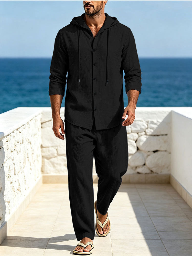 Herren Atmungsaktives Baumwoll-Gauze Loungewear-Set mit Kapuzenhemd und weiten Sommerhosen Shop Nory
