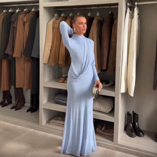 Damen Maxikleid mit Drapierter Front, Stehkragen und Glockenärmeln Shop Nory