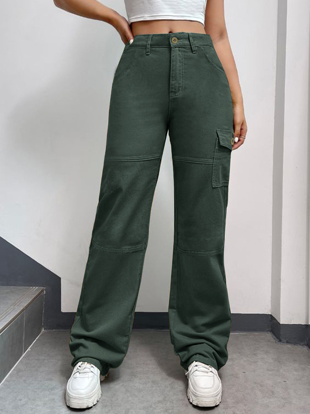 Damen Hochtaillierte Cargo-Palazzo-Hose mit Nahtsegmenten und seitlicher Klapptasche Shop Nory