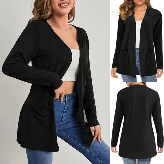 Damen Offene Longline-Cardigan mit aufgesetzten Taschen und schmalem Kragen Shop Nory