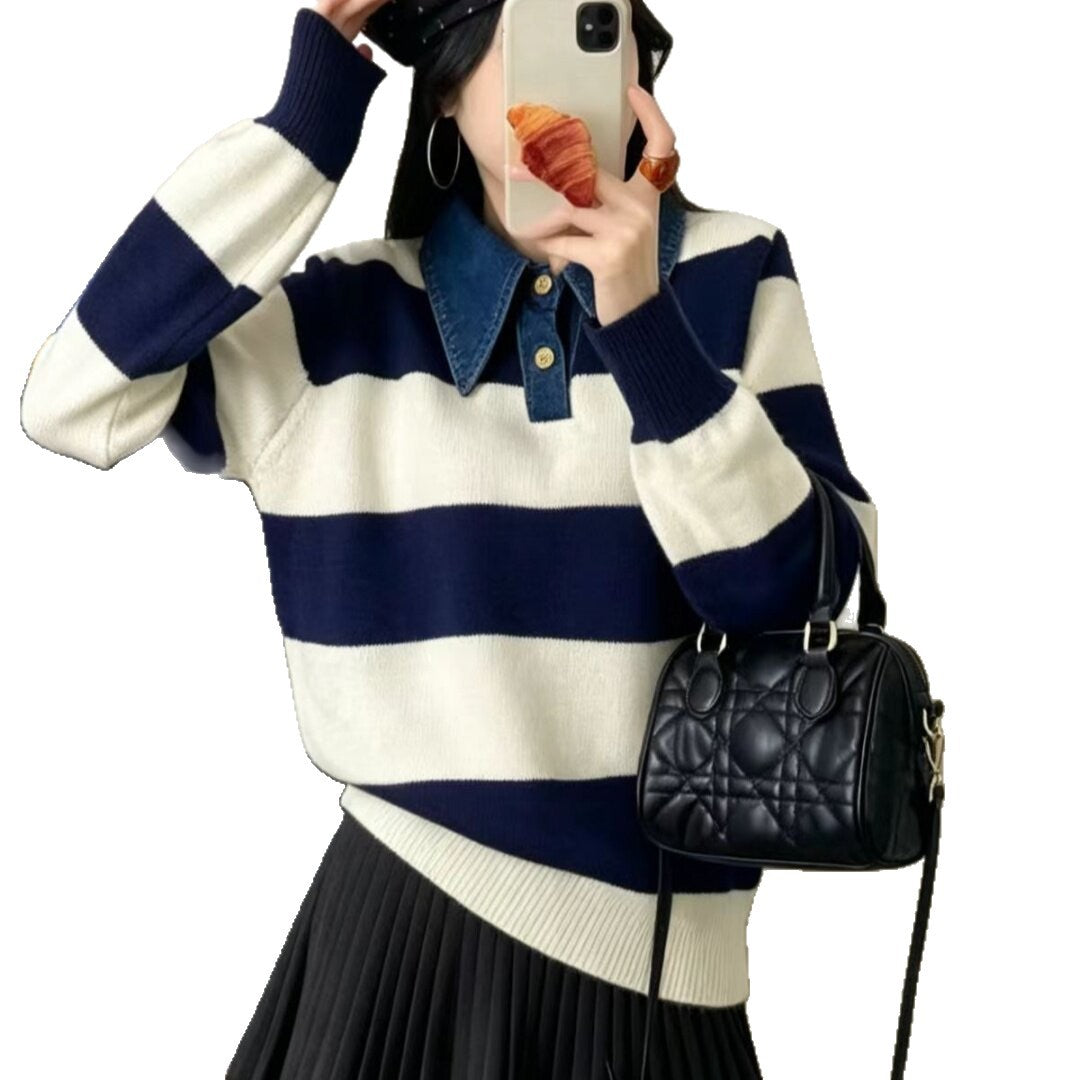 Damen Stilvoller Pullover mit Denim-Kragen Shop Nory