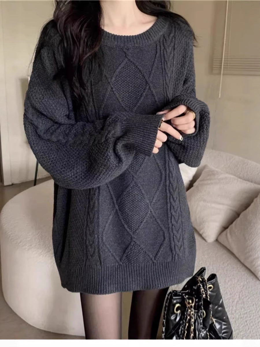 Damen Oversize Zopfmuster-Longpullover mit Rundhals und Ballonärmeln Shop Nory
