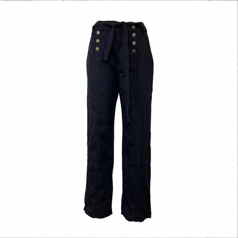 Damen Hochtaillierte, maritim inspirierte weite Jeanshose mit Zierknopfleiste und Bindegürtel Shop Nory