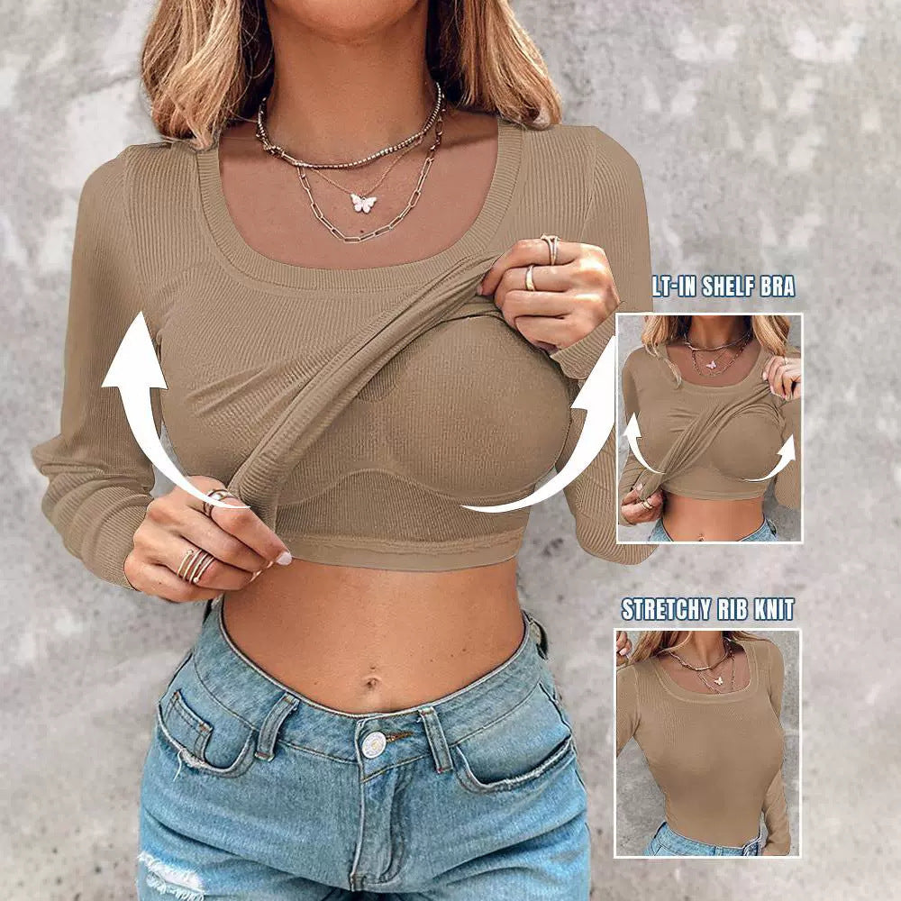 Damen Cropped Rippenstrick Langarmshirt mit integriertem Bustier Shop Nory