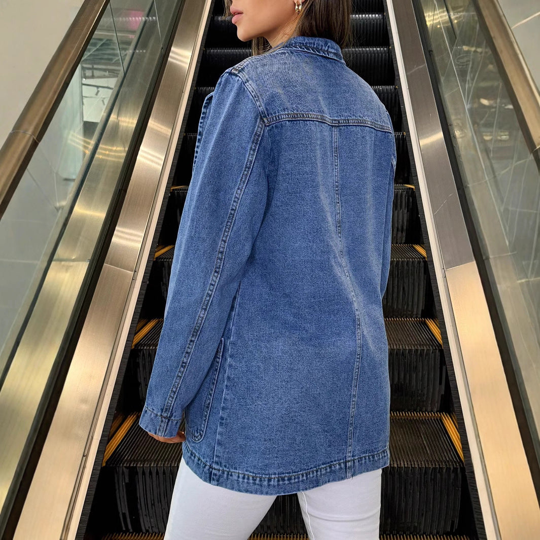 Damen Longline-Denimjacke mit lässigem Oversize-Schnitt und aufgesetzten Taschen Shop Nory