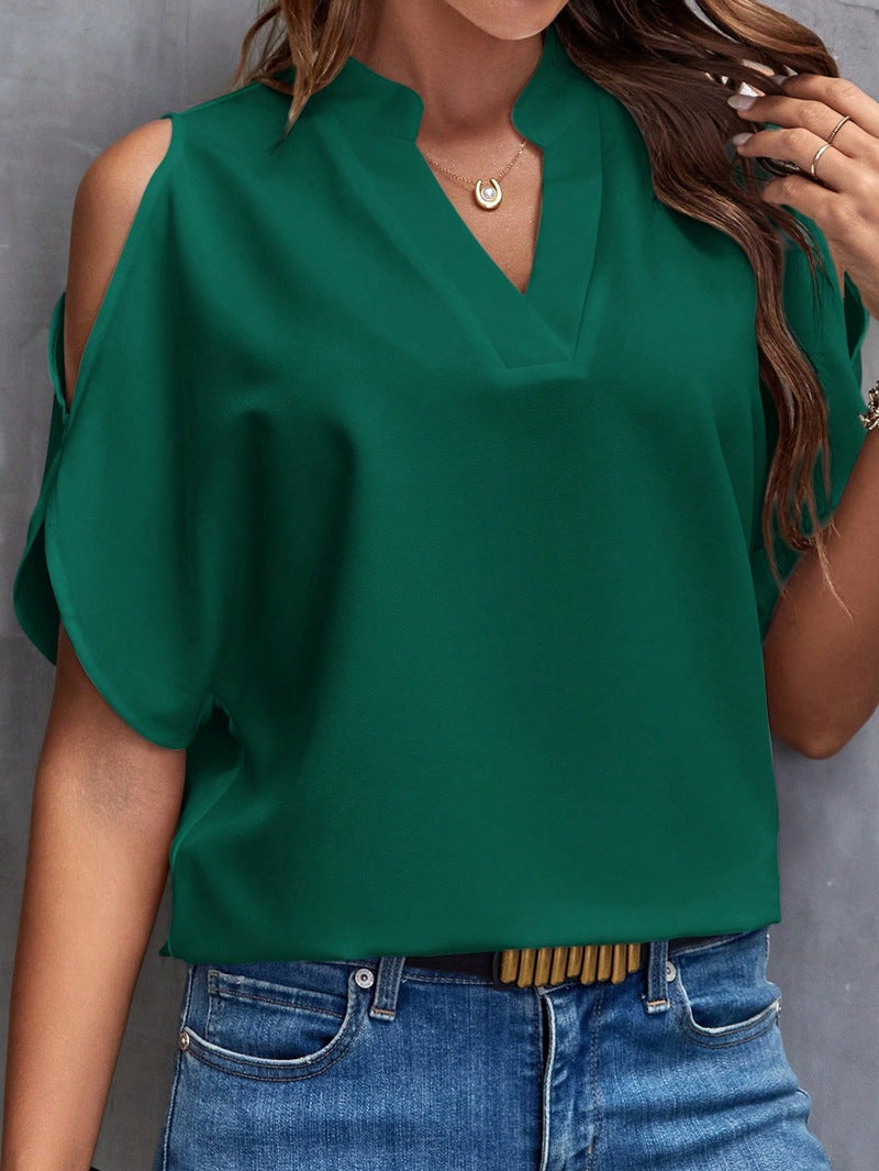 Damen Schulterfreie Chiffonbluse mit V-Ausschnitt und Stehkragen Shop Nory