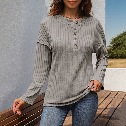 Damen Gerippter Henley-Pullover mit Knopfleiste und überschnittener Schulter Shop Nory
