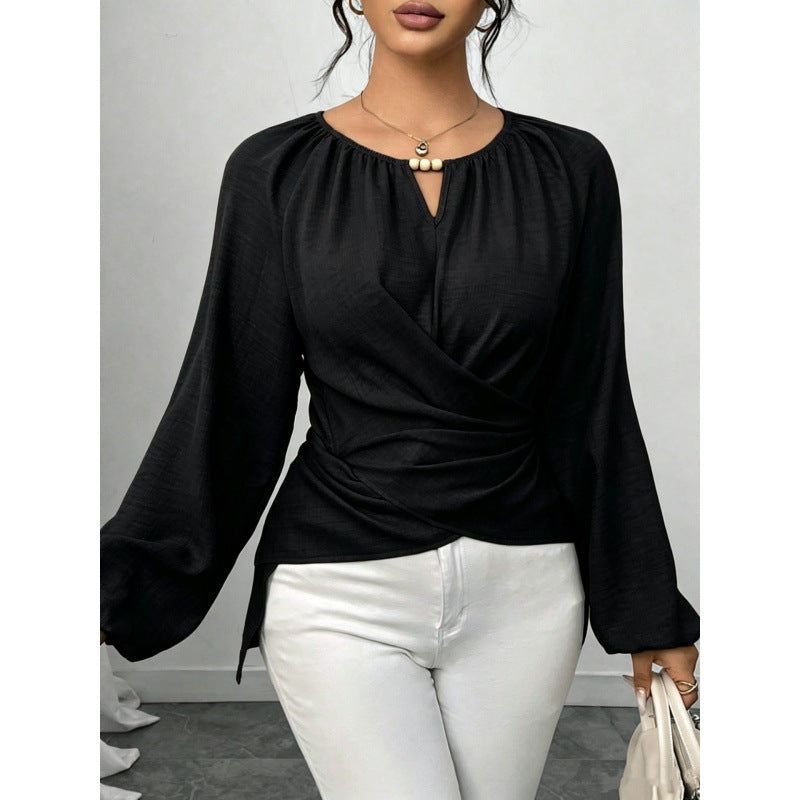 Damen Taillierte Wickelbluse mit Perlendetail und Ballonärmeln Shop Nory