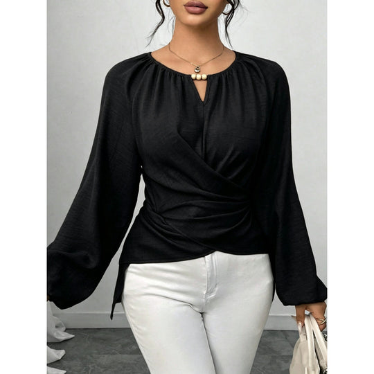 Damen Taillierte Wickelbluse mit Perlendetail und Ballonärmeln Shop Nory