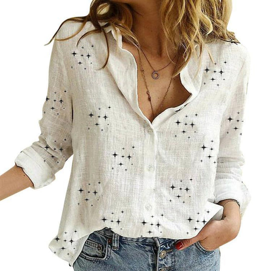 Damen Atmungsaktive Baumwoll‑Leinen Tunika‑Bluse mit Kentkragen, geknöpftem V‑Ausschnitt und gerundetem Saum Shop Nory