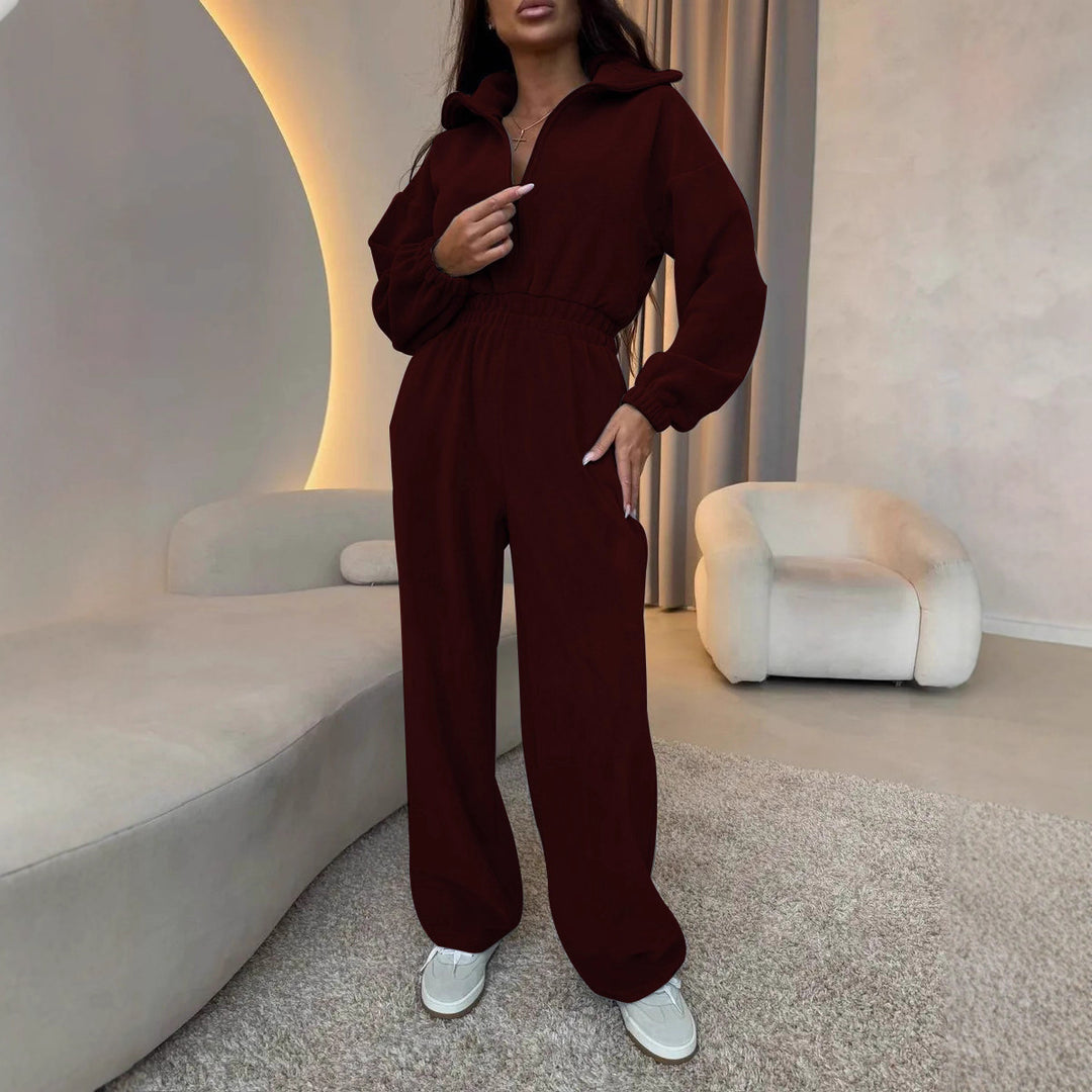 Damen eleganter Lounge-Overall mit elastischer Taillenpartie, Stehkragen, Reißverschluss und weitem Bein Shop Nory