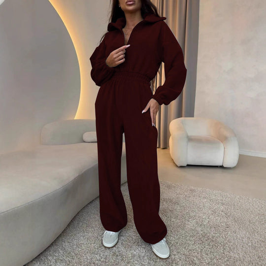 Damen eleganter Lounge-Overall mit elastischer Taillenpartie, Stehkragen, Reißverschluss und weitem Bein Shop Nory
