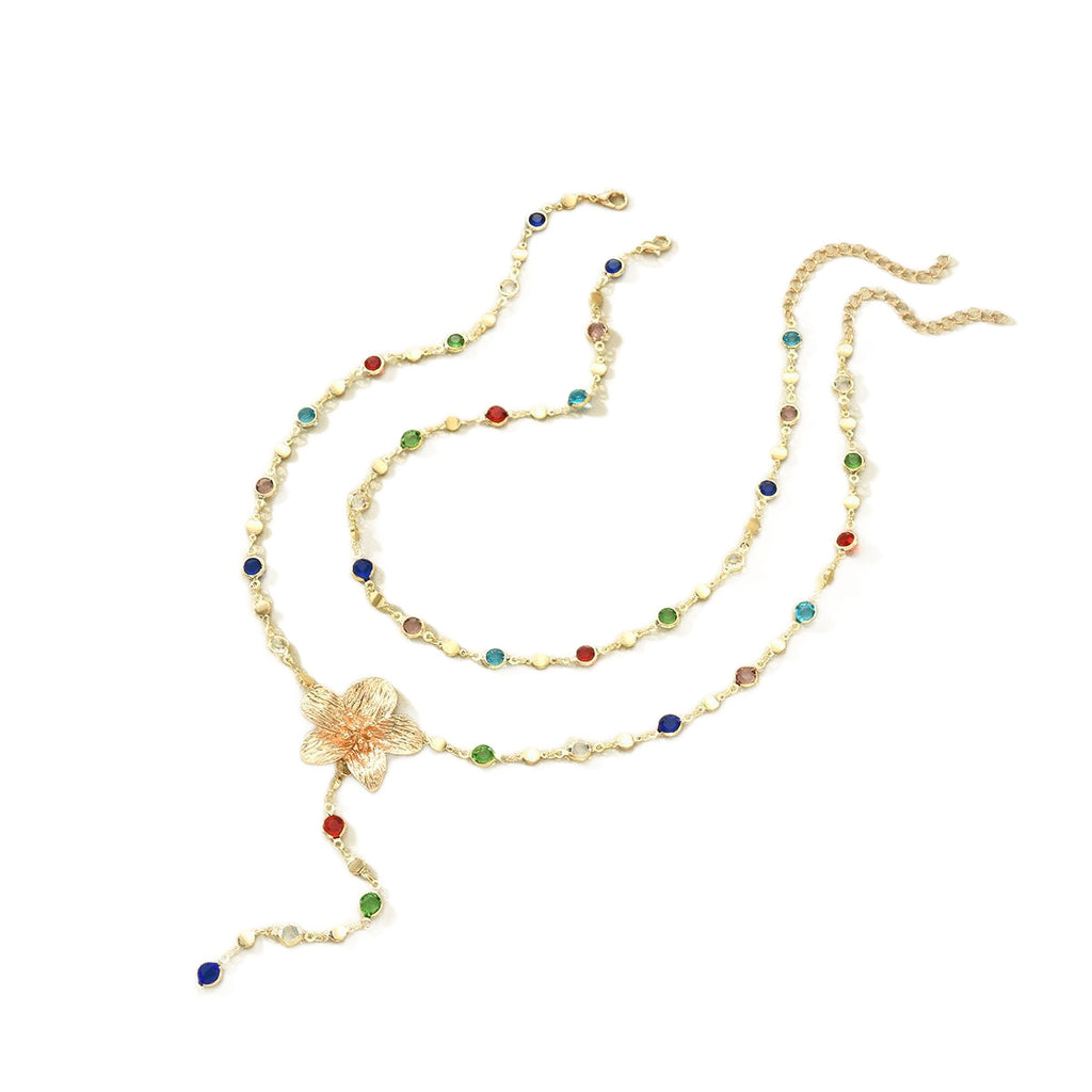 Damen mehrlagige Halskette mit kunstvollem Blumenanhänger und bunten Kristallen Shop Nory