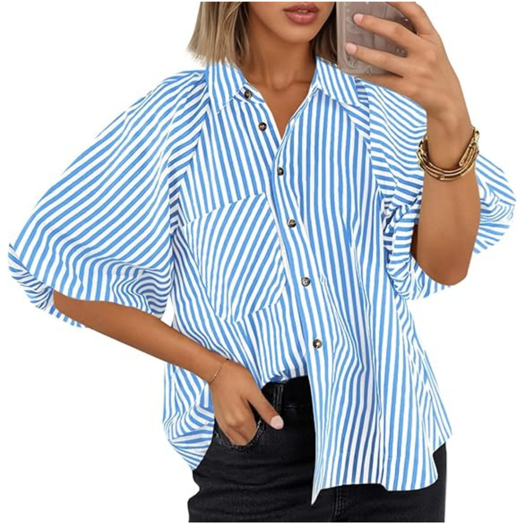Damen Oversize Hemdbluse mit Ballonärmeln und vertikalem Streifenmuster Shop Nory