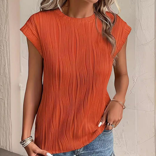 Damen Plissee-T-Shirt mit kurzem Ärmel und hohem Rundhalsausschnitt