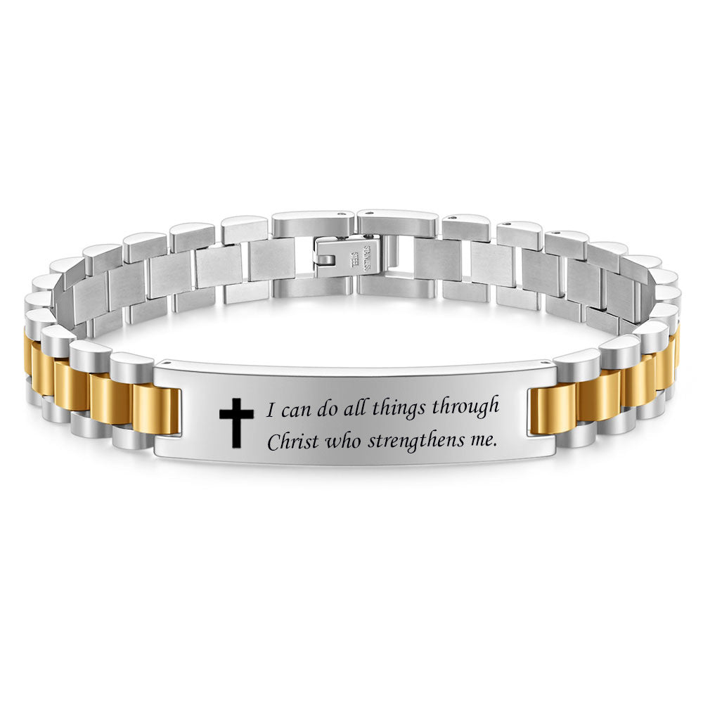 Damen Armband mit gravierbarem Abschieds-Spruch und edlem Kirchen-Kreuz Shop Nory
