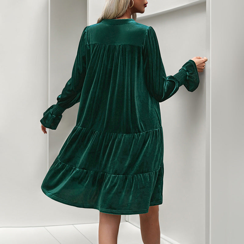 Damen Samt-Stufenkleid mit V-Ausschnitt, geraffter Passe und ballonärmeln Shop Nory