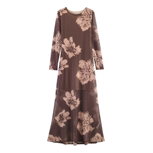 Damen Maxikleid mit semi-transparentem Mesh-Overlay, langen Ärmeln und ausgestellter A-Linie Shop Nory