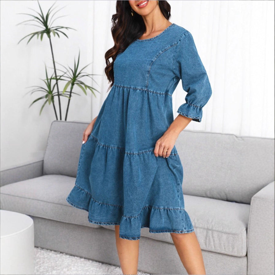 Damen Stufenvolant-Denim-Midikleid mit halblangen Ärmeln und geraffter Empire-Taille Shop Nory