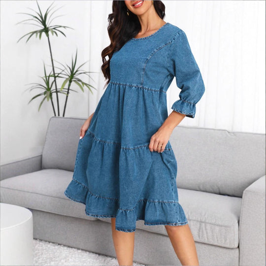 Damen Stufenvolant-Denim-Midikleid mit halblangen Ärmeln und geraffter Empire-Taille Shop Nory