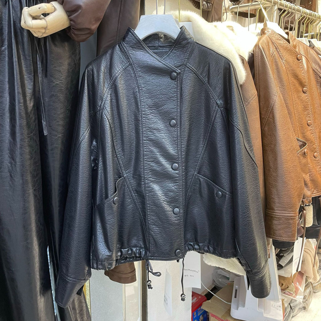 Damen Kurze Lederjacke mit strukturierter Narbung, Stehkragen und Tunnelzugbund Shop Nory