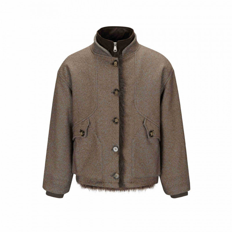 Damen Kurze Boxy-Jacke mit Teddyfutter, Stehkragen und Pattentaschen Shop Nory