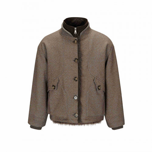 Damen Kurze Boxy-Jacke mit Teddyfutter, Stehkragen und Pattentaschen Shop Nory