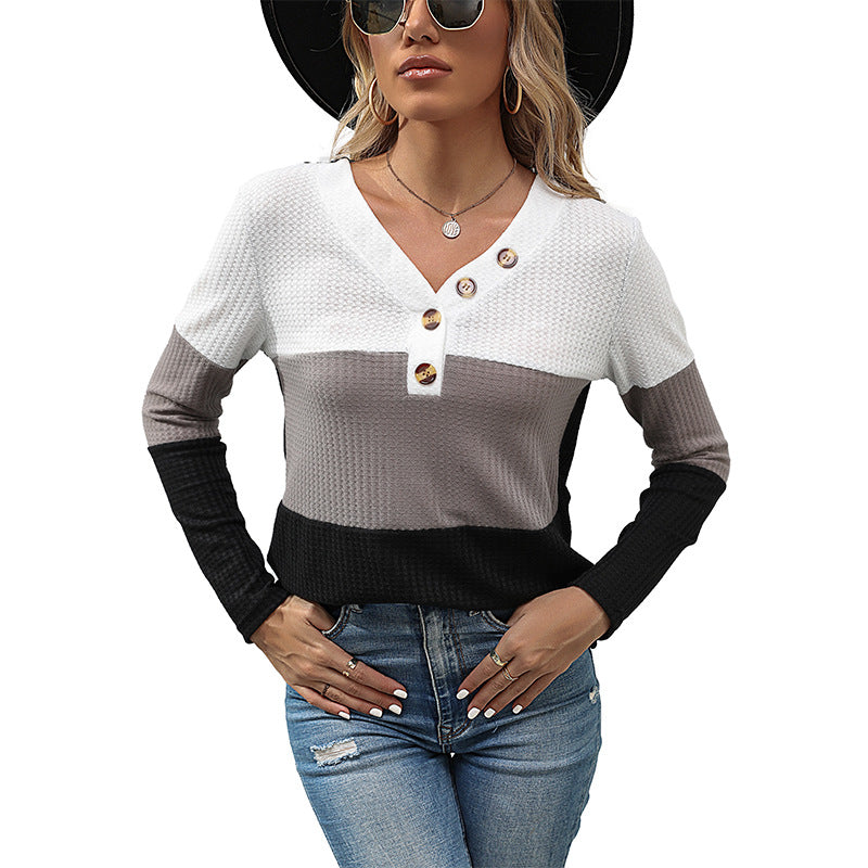 Damen Waffelstrick-Longsleeve mit V-Ausschnitt und Henley-Knopfleiste Shop Nory