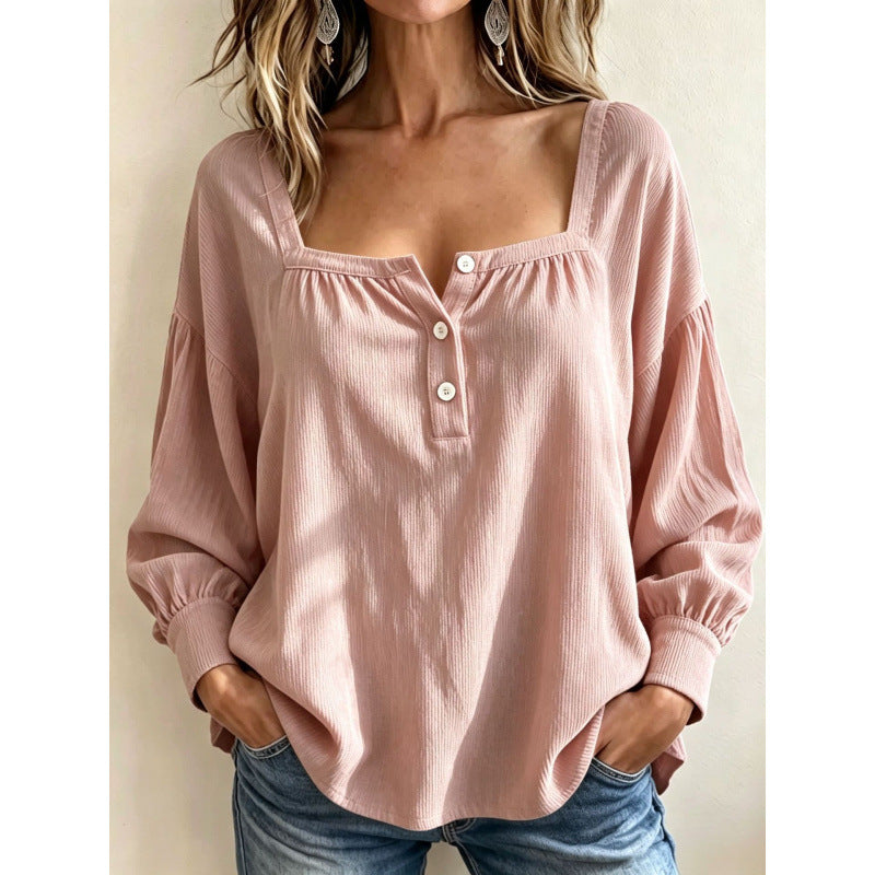 Damen Langärmeliges Rippstruktur-Henleyshirt mit quadratischem Ausschnitt Shop Nory