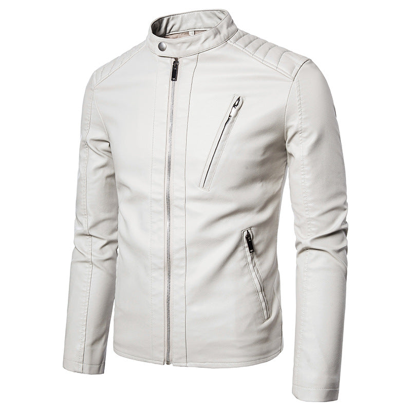 Herren Schlanke Kunstleder-Bikerjacke mit Stehkragen, Steppeinsätzen und Reißverschlusstaschen Shop Nory