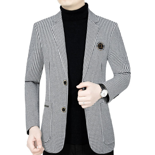 Herren Slim-Fit Sakko mit Hahnentritt-Muster und Wappen-Emblem Shop Nory