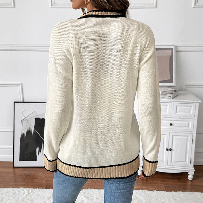 Damen Strickcardigan mit kontrastkanten, V-Ausschnitt, Knopfverschluss und aufgesetzten Taschen Shop Nory