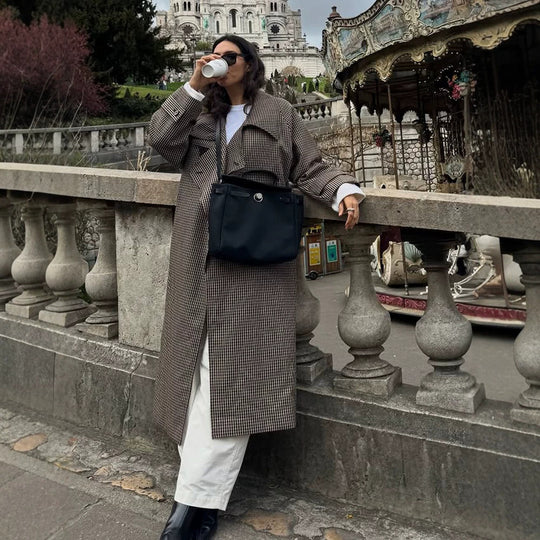 Damen Oversize Mantel im Glencheck mit weitem Revers und fallender Schulterpartie Shop Nory