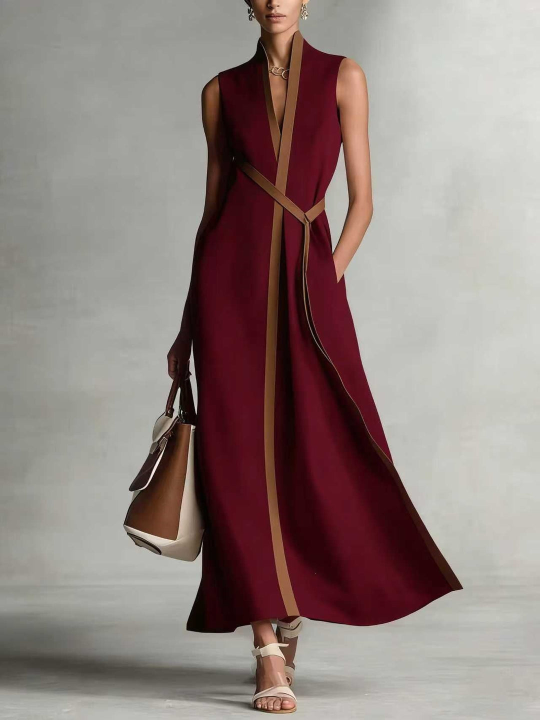 Damen elegantes Maxikleid mit Taillenschnitt und schmalem Gürtel Shopnory