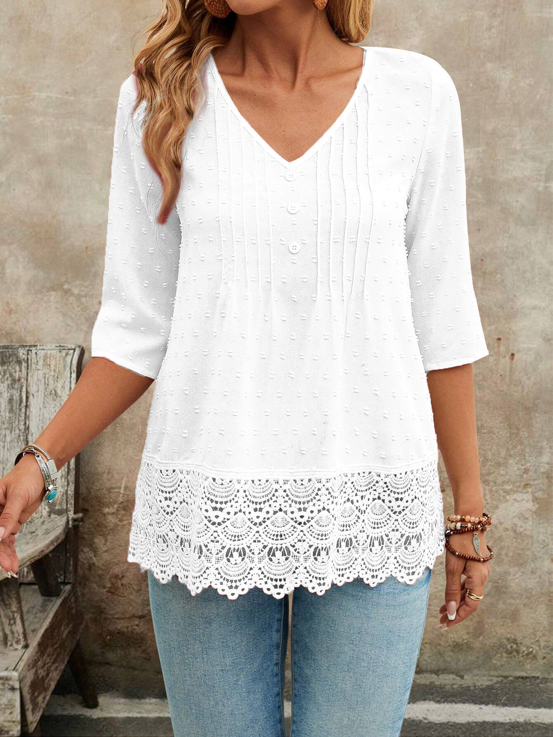Damen Tunika Bluse mit Spitzenbesatz und strukturierten Pintucks Shop Nory