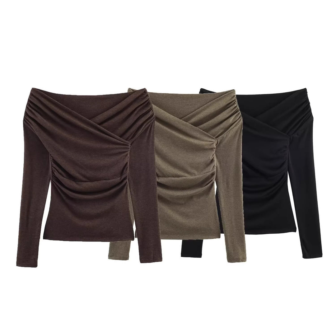 Damen Schulterfreies gerafftes Langarmtop mit Wickel‑Drapierung Shop Nory