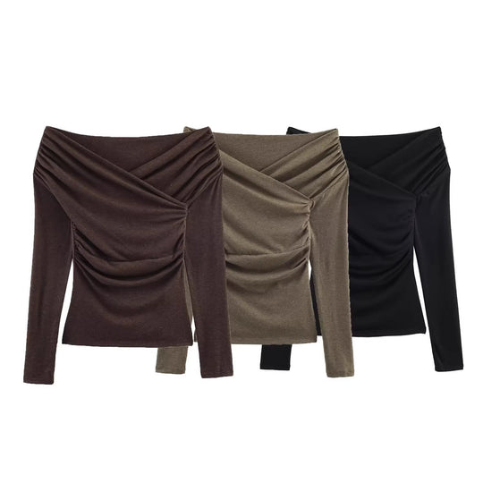 Damen Schulterfreies gerafftes Langarmtop mit Wickel‑Drapierung Shop Nory