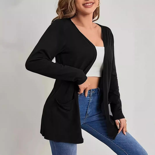 Damen Langer Offener Feinstrickcardigan mit Eingrifftaschen und dezentem V‑Ausschnitt Shop Nory