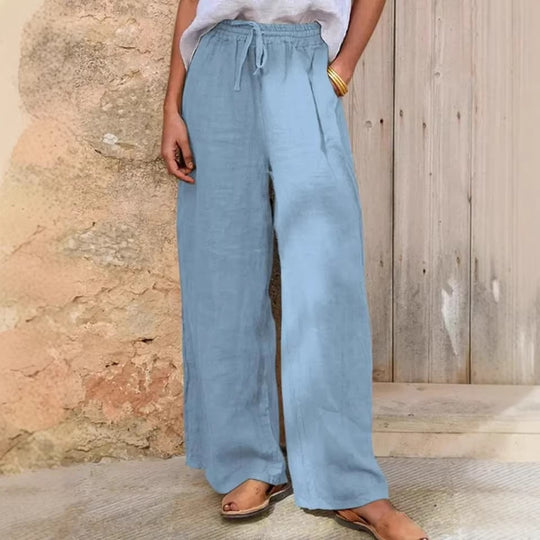 Damen Hochgeschnittene Leinenpalazzo-Hose mit Kordelzug und weitem Bein Shop Nory
