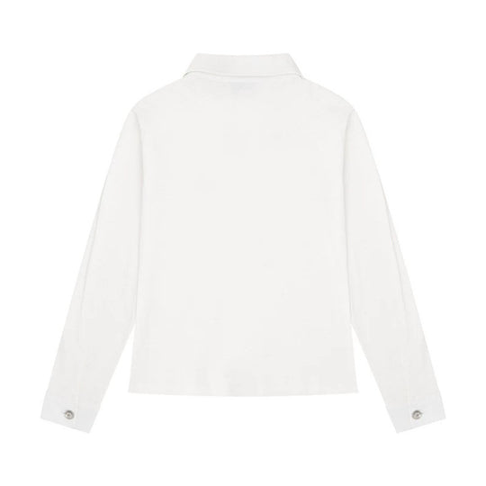 Damen Longsleeve-Poloshirt mit Kurzreißverschluss, Schulterpatten und Statement-Print Shop Nory