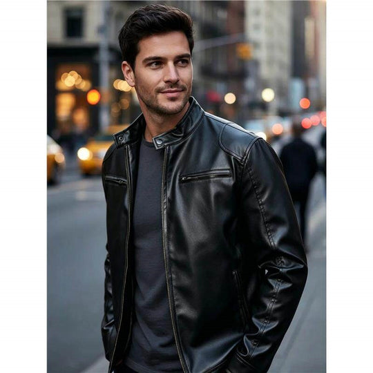 Herren Biker‑Style Kunstlederjacke mit Stehkragen und Reißverschlusstaschen Shop Nory