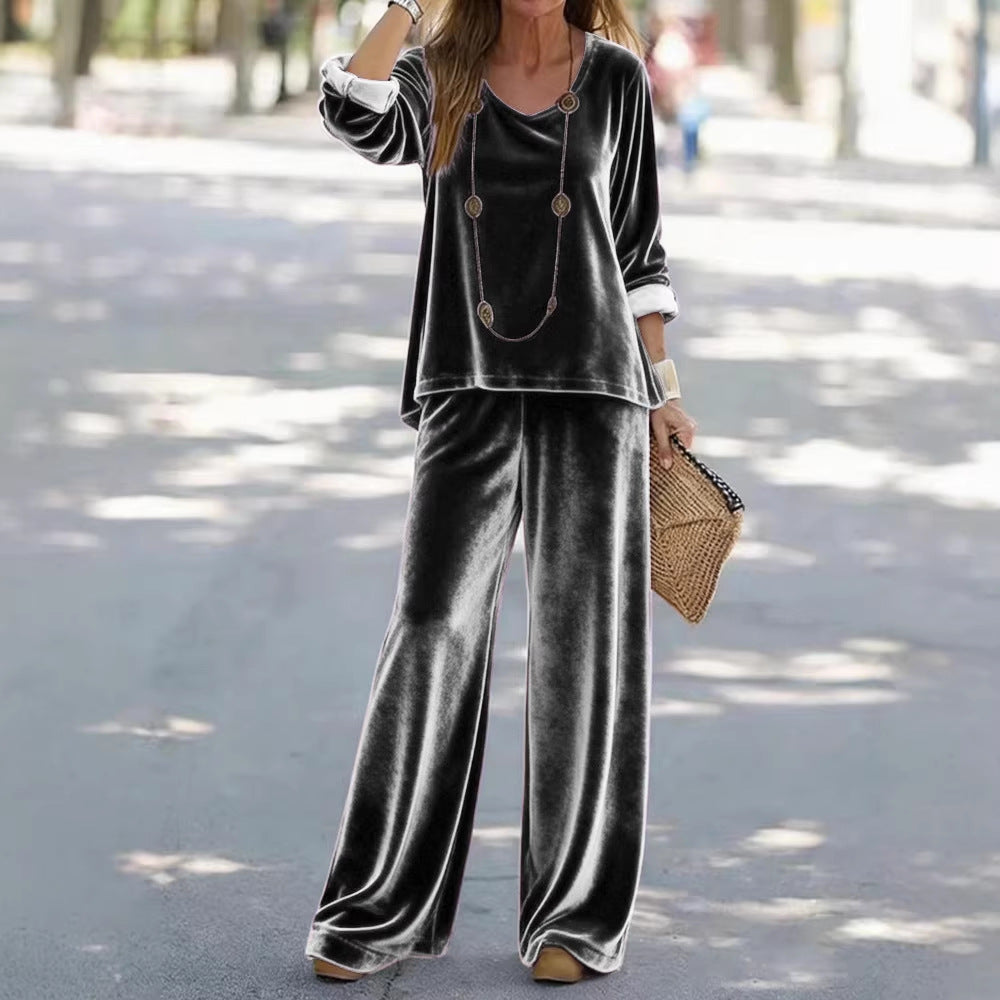 Damen Elegantes Samt-Zweiteiler Lounge-Set mit V-Ausschnitt und weitem Bein Shop Nory