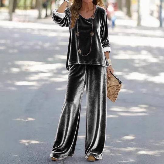 Damen Elegantes Samt-Zweiteiler Lounge-Set mit V-Ausschnitt und weitem Bein Shop Nory