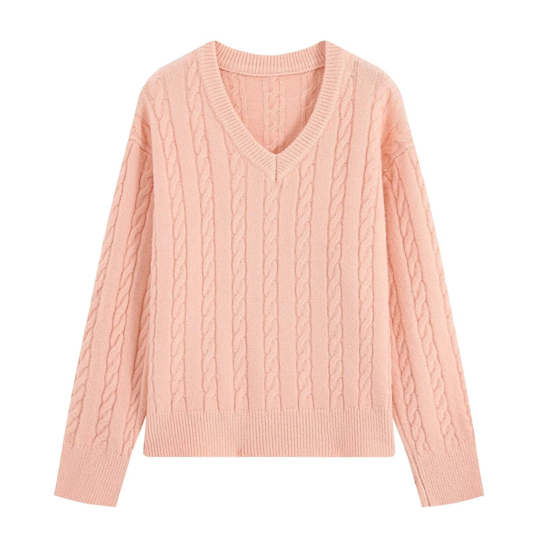 Damen Oversize Zopfmuster-Pullover mit V-Ausschnitt und breitem Rippbündchen Shop Nory