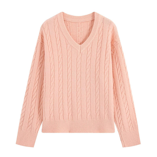 Damen Oversize Zopfmuster-Pullover mit V-Ausschnitt und breitem Rippbündchen Shop Nory
