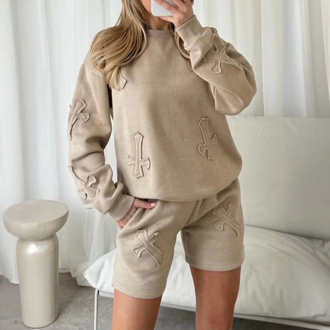 Damen nan lässiges Sweatshirt- und Short-Set mit dekorativen Schleifen-Applikationen, hohem Rundhalsausschnitt und Tunnelzugbund Shop Nory